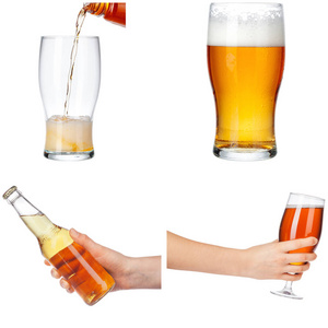 不同类型的啤酒，装在玻璃杯和瓶子里，用白色隔离