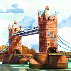 英国,泰晤士河上伦敦塔桥的历史著名地标,英语符号,晴天有云,手绘水彩