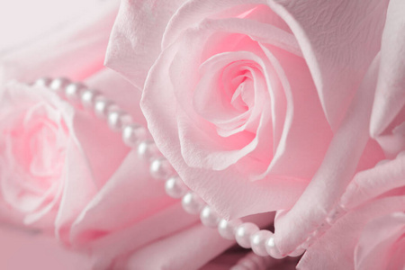 珍珠珠和奶油玫瑰在丝绸上照片