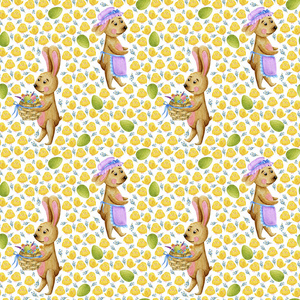 Easter seamless pattern rabbits with a basket of eggs. 