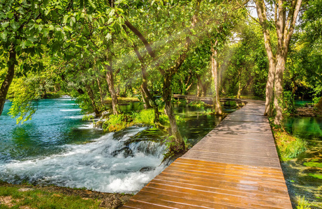 克罗地亚克尔卡国家公园森林里的河上的木制人行道。有树，有水，有阳光的美丽景色。