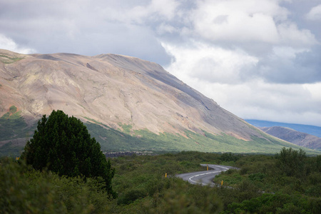 冰岛山丘附近的S形弯道，绿树成荫，天空如画