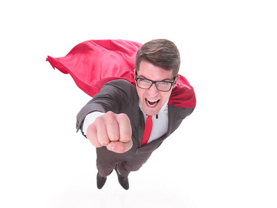 自信的超级英雄商人正飞向你艰苦奋斗照片用垃圾处理,男人的手上裹着