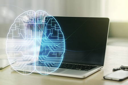 现代计算机背景下的人脑素描的创造性人工智能概念。双重曝光