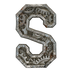 机械字母表由铆钉金属制成,齿轮在白色背景上.字母s.3d照片