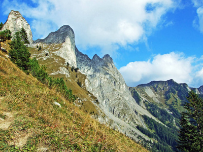 小山 徒步旅行 美丽的 高的 阿尔卑斯山 岩石 地形 全景