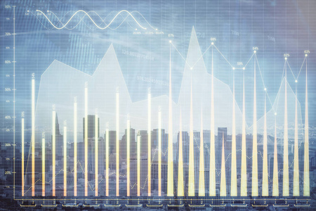 外汇图城市视图与摩天大楼背景多重曝光。财务分析概念。