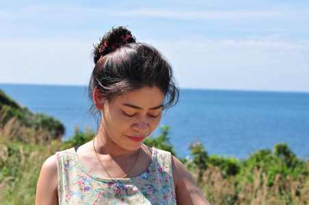 面对 美丽的 海洋 女人 亚洲 海滩 假日 肖像 旅游业