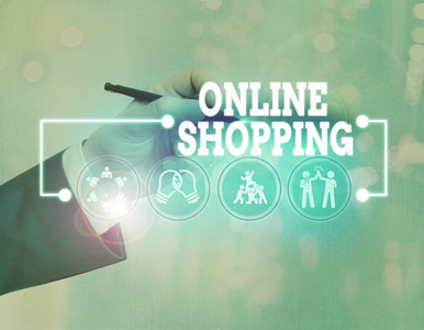 概念性手稿展示网上购物。展示消费者通过互联网直接从卖家处购买商品的商业照片。