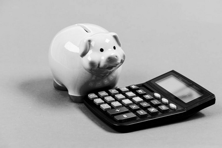 存钱罐是储蓄的象征。会计服务。会计软件。财务和投资。小猪银行粉红猪和计算器。会计和家庭预算。会计业务
