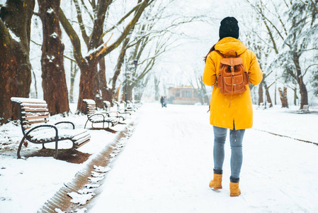 背包 下雪 天气 快乐 旅行 后面 公园 徒步旅行 女人