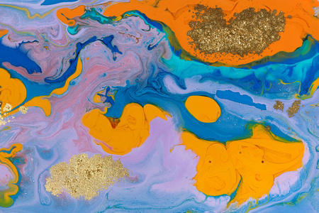 蓝色和橙色大理石花纹液体背景.流体艺术抽象肌理.混合丙烯酸油墨.