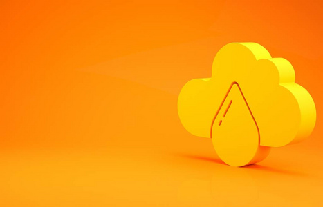 橙色背景上有雨图标的黄色云。雨云降水伴随着雨滴。极简主义概念。三维插图三维渲染