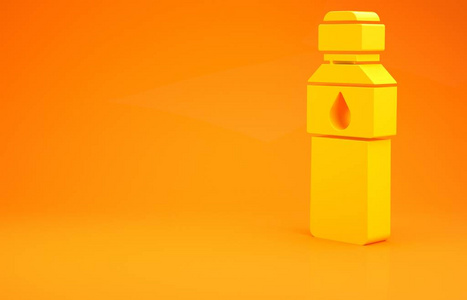 橙色背景上隔离的黄色水瓶图标。苏打水饮料标志。极简主义概念。三维插图三维渲染