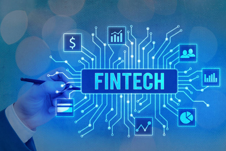 展示金融科技的概念性手稿。商业图文金融科技概念。通过Tech和Fin FinTech，可以在没有银行的情况下建立系统和概念。。