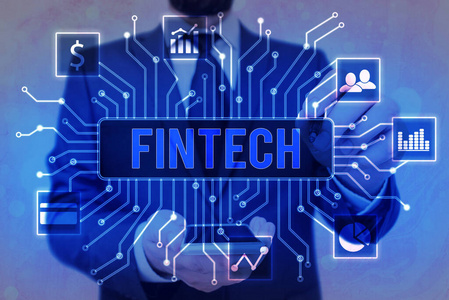 手写文本金融科技。金融技术概念。通过Tech和Fin FinTech，可以在没有银行的情况下建立系统和概念。。
