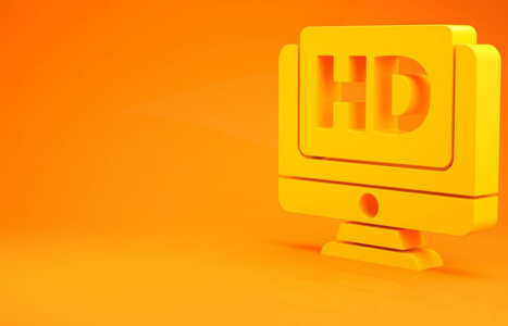 黄色电脑PC显示器显示高清视频技术图标隔离在橙色背景上。极简主义概念。三维插图三维渲染