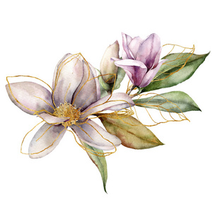 闪烁的花朵水彩花,金色木兰花,叶子和树枝.