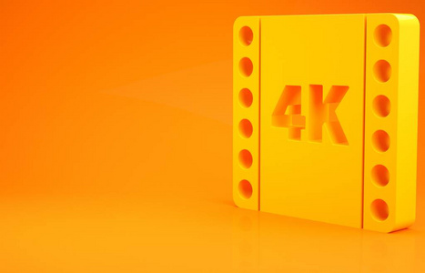黄色4k电影，磁带，相框图标隔离在橙色背景上。极简主义概念。三维插图三维渲染