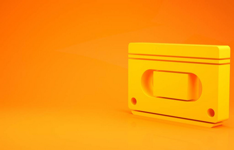 橙色背景上隔离的黄色VHS盒式录像带图标。极简主义概念。三维插图三维渲染
