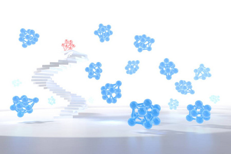 蓝色分子在空间中飞舞，白色背景下有螺旋楼梯。抽象医学或科学3d插图