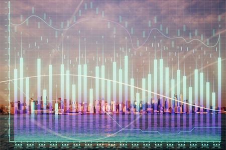 外汇图表城市景观与摩天大楼壁纸双重曝光。金融研究概念。