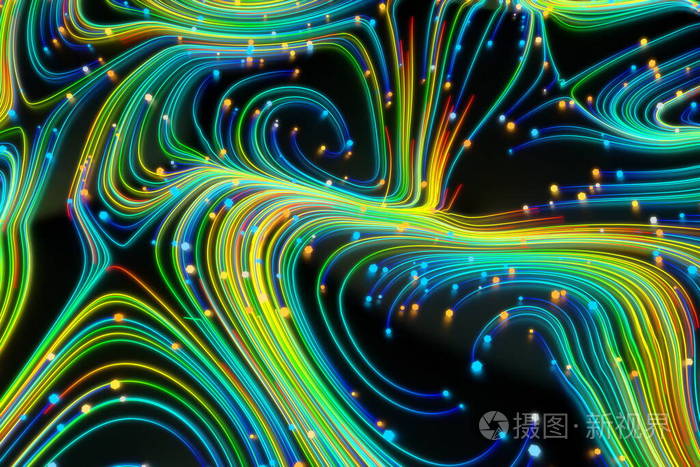 发光的霓虹灯扭曲的宇宙线在光滑的表面.湍流卷曲流动多彩的运动.