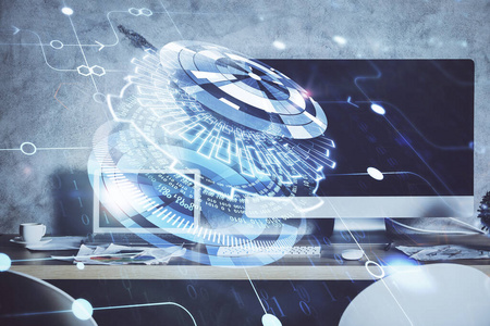 技术主题绘图和计算机工作空间.多重曝光.创新理念.照片