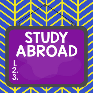 在国外学习手写文字。概念意指生活在异国他乡并就读于国外大学的不对称异型图案物体轮廓多色设计。