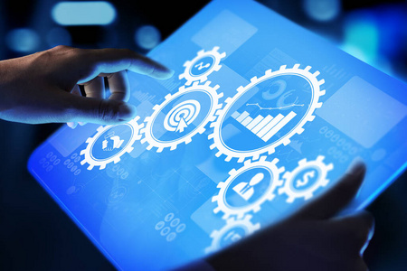 业务流程管理自动化工作流,文档验证,带图标的齿轮连接,技术概念照片