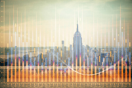 外汇图城市视图与摩天大楼背景多重曝光。财务分析概念。