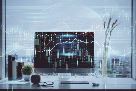 以电脑为背景的彩色财务图表和表格。多重曝光。国际市场的概念。