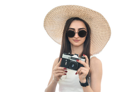 摄影师 技术 摄影 照相机 黑发 帽子 微笑 女孩 长的