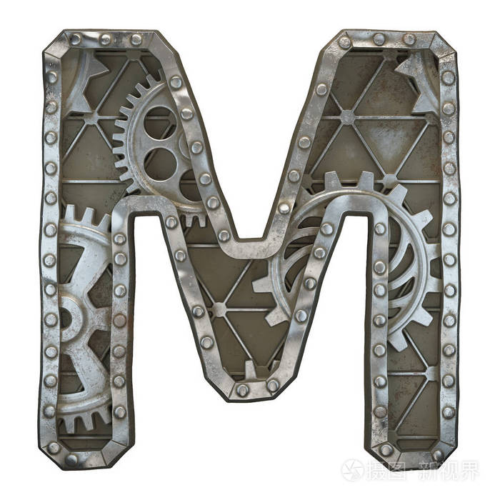 机械字母表由铆钉金属制成齿轮在白色背景上字母m3d