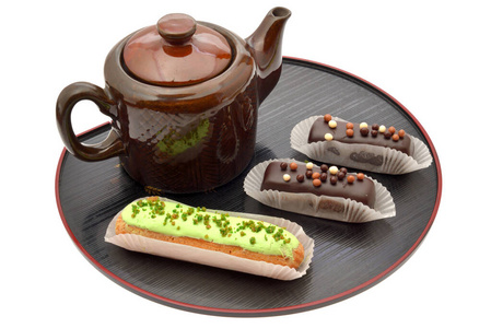 茶壶 埃克莱尔 手工制作的 糕点糖果 桌子 烹饪 甜的 食物