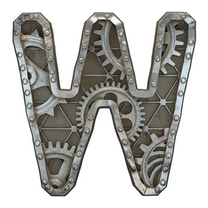 机械字母表由铆钉金属制成,齿轮在白色背景上.字母w.3d照片