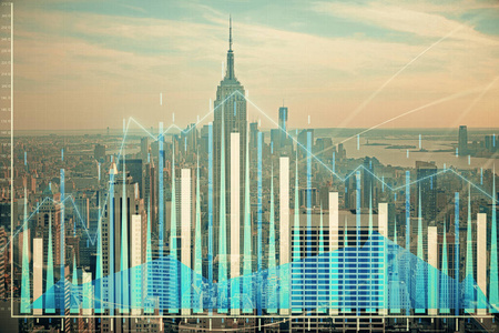 外汇图表城市景观与摩天大楼背景双重曝光。财务分析概念。