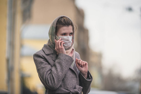 预防 冠状病毒 面对 肖像 街道 烟雾 污染 病毒 女孩