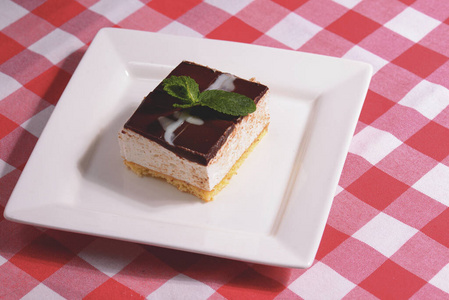 在一家餐厅的格子背景上，白色盘子上放着巧克力和薄荷的纽约芝士蛋糕。甜点