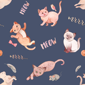 手绘水彩画卡通猫和小猫图案