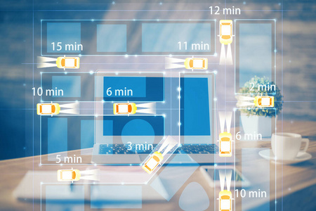 办公室桌面电脑背景与汽车全息图绘制。多重曝光。技术概念。