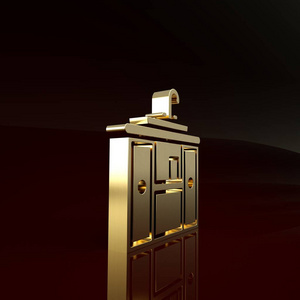 金色洗脸盆柜，棕色背景上独立的水龙头图标。极简主义概念。三维插图三维渲染