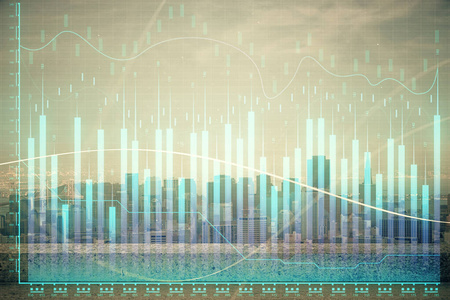 外汇图城市视图与摩天大楼背景多重曝光。财务分析概念。