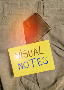 书写笔记显示可视笔记。商业照片展示了用非语言表达想法的过程，在裤子前面口袋里的小钱包靠近记号纸。