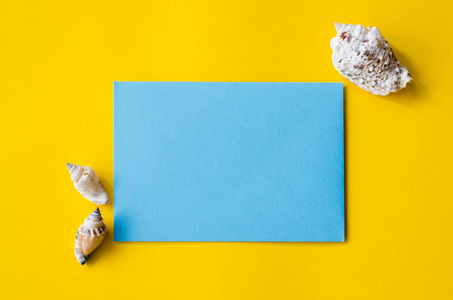 Empty blue sheet of paper on yellow background with shells. Summ