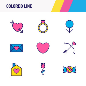 9个爱情图标的插图彩色线条。可编辑的房子，心脏，玫瑰和其他图标元素集。