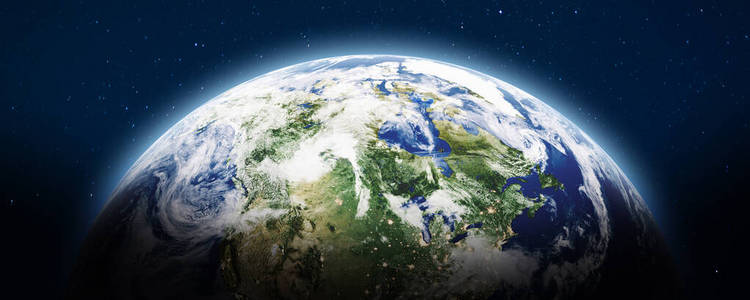 航拍横幅地球与自然的全景行星地球全景图, 小行星飞近3d 重地球太阳