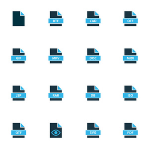 文件图标彩色设置与文件mkv，文件iso，文件midi和其他页面元素。独立的插图文件图标。