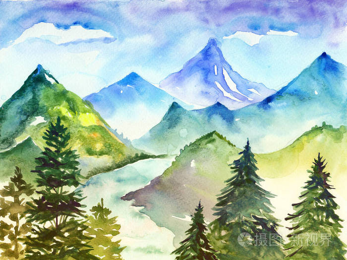 水彩画阿尔泰风景与山圣诞树和河流