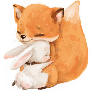 卡通狐狸和小白兔的温暖拥抱照片